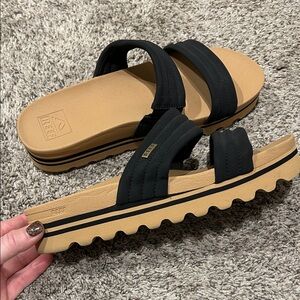 Reef Black and Tan Dual-Strap Platform Slide Sandals